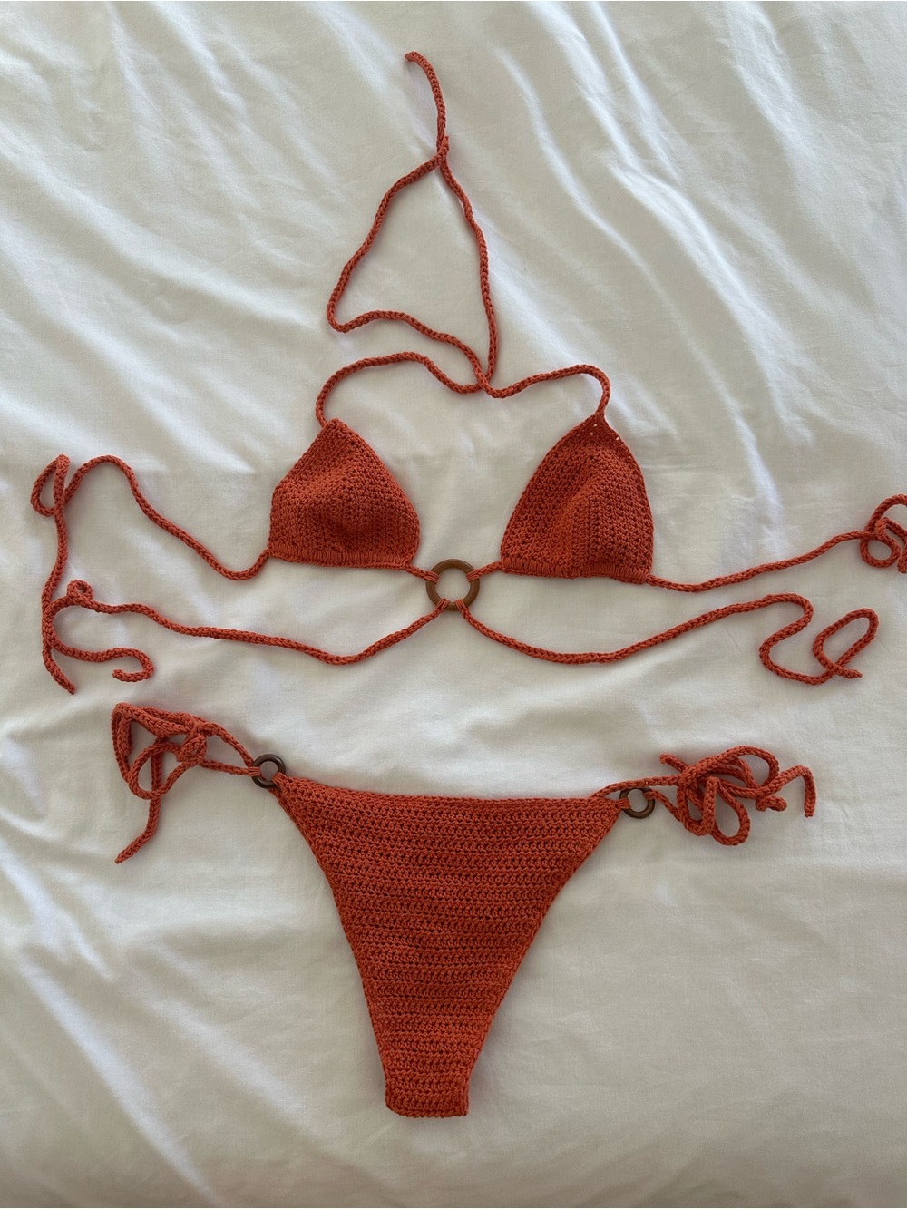 Dark Orange Crochet Ring-Detail String Bikini Set